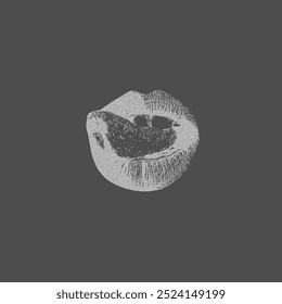 Vector illustration in the style of a photocopy with lips on a black background. The monochrome image is perfect for a modern design with a vintage effect