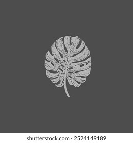 Vector illustration in the style of a photocopy with a sheet of monstera on a black background. The monochrome image for a modern design with a vintage effect