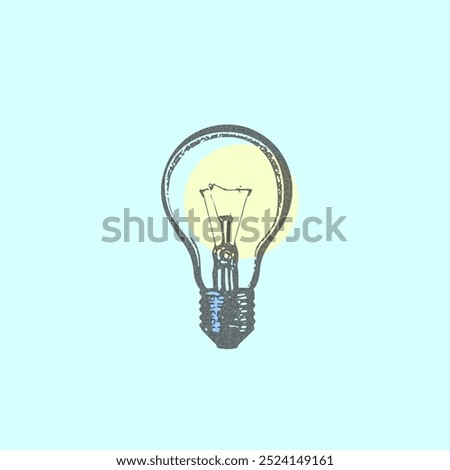 A vector illustration in the style of a photocopy, which depicts a light bulb on a blue background. Monochrome image to create a modern look with a vintage effect.