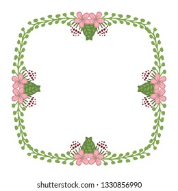 Vector illustration style pink flower frame with white background hand drawn