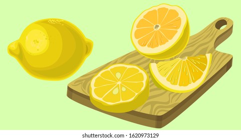 Vector illustration in the style of realism with the image of a whole lemon half a lemon and a slice of lemon lying on a cutting board on a blue background with black and white transmission and textur