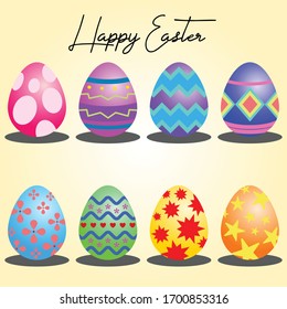 Vector Illustration Style Set of Happy Easter Eggs with Colourful Pattern on Yellow Background