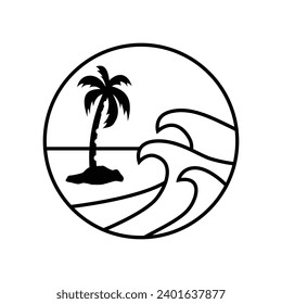 Vector illustration style vintage surfing theme badge design. For t-shirt prints, posters, stickers and other uses.Tropical beach line icon, concept sign, outline vector illustration, linear symbol.