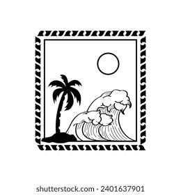 Vector illustration style vintage surfing theme badge design. For t-shirt prints, posters, stickers and other uses.Tropical beach line icon, concept sign, outline vector illustration, linear symbol.