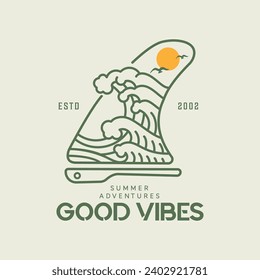 Vector illustration style vintage surfing theme badge design. For t-shirt prints  posters  stickers and other uses.Tropical beach line icon concept 