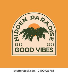 Vector illustration style vintage surfing theme badge design. For t-shirt prints  posters  stickers and other uses.Tropical beach line icon concept 