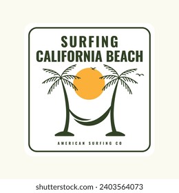 Vector illustration style vintage surfing theme badge design. For t-shirt prints posters stickers and other uses.Tropical beach line icon concept sign