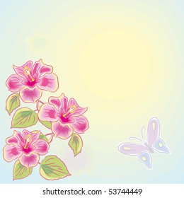 Vector illustration in style of a watercolor with flowers, the sun and the butterfly.
