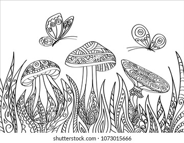 Vector illustration in the style of Zentangle. Black-and-white butterflies and mushrooms in high the grass. Coloring book for kids and adults