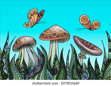 Vector illustration in the style of Zentangle. Bright colorful butterflies and mushrooms in the tall grass. Coloring book for kids and adults