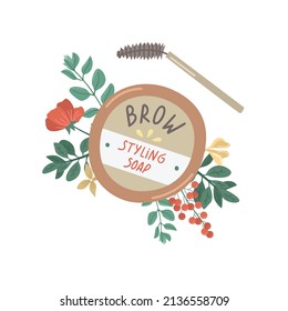 Vector illustration with styling eyebrow soap and floral decor.