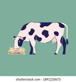 Vector illustration of a stylised cow eating hay. Fancy colour illustration for your projects. Isolated elements for posters, websites, products 
