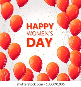 Vector illustration of stylish 8 march women's day with text sign and red heart balloon for greeting card, banner, gift packaging