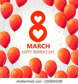 Vector illustration of stylish 8 march womens day with text sign and red balloon for greeting card, banner, gift packaging