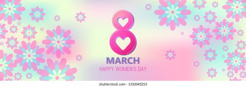 Vector illustration of stylish 8 march womens day with text sign and flowers for greeting card, banner, gift packaging