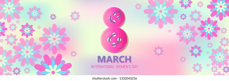 Vector illustration of stylish 8 march womens day with text sign and flowers for greeting card, banner, gift packaging