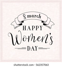 Vector illustration of stylish 8 march womens day greeting card with lettering typography text sign and vintage ribbon in retro style on fabric textile pink background
