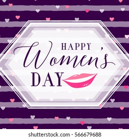 Vector illustration of stylish 8 march womens day greeting card with lettering typography text sign, hearts, white angled shape frame, smiling girl mouth on seamless rough stripes in Memphis style