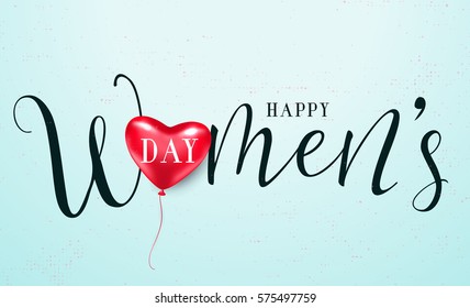Vector illustration of stylish 8 march womens day with lettering text sign and red heart balloon for greeting card, banner, gift packaging, sale or party templates isolated on light grunge background