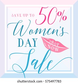 Vector illustration of stylish 8 march womens day sale background with typography lettering text, girl lips for poster, banner, gift packaging templates