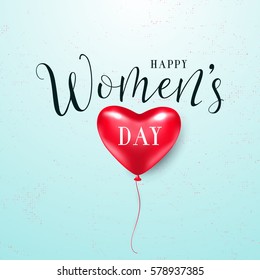 Vector illustration of stylish 8 march womens day with lettering text sign and red heart balloon for greeting card, banner, gift packaging, sale or party templates isolated on light grunge background