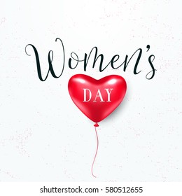 Vector illustration of stylish 8 march womens day with lettering text sign and red heart balloon for greeting card, banner, gift packaging, sale or party templates isolated on light grunge background