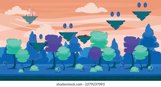 Vector illustration of a stylish adventure game. Landscape of a forest with multi-colored trees, a castle, flying islands and coins on them. Platformers and accards. Mobile and computer games.