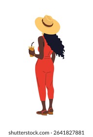 Vector illustration of stylish Afro Caribbean woman seen from behind, wearing a sleeveless jumpsuit, hat, sandals, holding a smoothie. Full length, isolated on white background