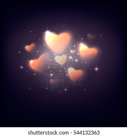 Vector illustration of stylish background with shine blur gold hearts, dots
