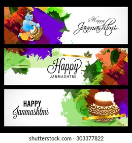 Vector illustration of a stylish Banner for Happy Janmashtmi with gray Background.