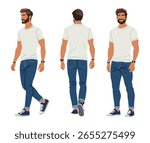 Vector illustration of a stylish bearded man in white tshirt, jeans in different poses, front, back, side. Perfect as animation character, avatar, design asset. Isolated on white background