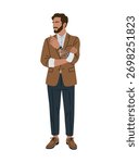 Vector illustration of a stylish bearded man wearing a brown blazer, white shirt, and dark pants. He has a tattoo sleeve and smartwatch, standing confidently against a white background