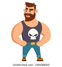 Vector illustration of stylish Bearded Men Strong Body in Mike with Skull and Smile on Face. in Cartoon Flat Style