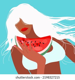 Vector illustration of a stylish beautiful girl in a swimsuit with a large piece of juicy watermelon, in cocnut , summer cafe, summer party, summer vibes, vacati