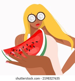 Vector illustration of a stylish beautiful girl in a swimsuit with a large piece of juicy watermelon, in coconut glasses, summer vibes, vacation mood, summer party.