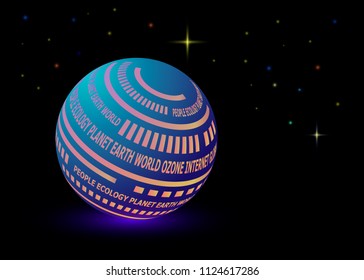 vector illustration, stylish beautiful globe design with letters, people, ozone, Internet, starry sky