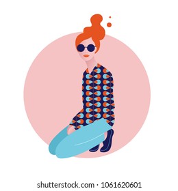 Vector illustration of stylish beautiful young woman with sunglasses siting on one's lap, Retro style in modern interpretation. Pop art 60s - 70s.