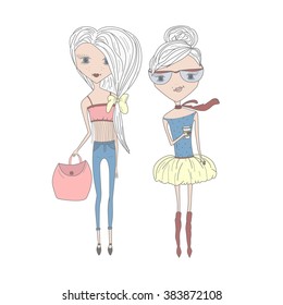 Vector illustration of a stylish cartoon girls. Fashionable, thin girls with a bag and coffee. Pretty friends. Girl with a topknot, wearing a skirt and scarf and girl wearing jeans with a big bag