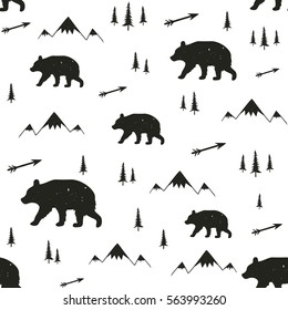 Vector Illustration With Stylish Cartoon Seamless Pattern. Bear, Pine Trees, Arrows And Mountains. Black And White Doodle Style Print Design, Childish Ink Background