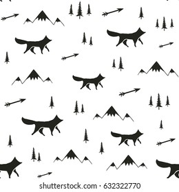 Vector illustration with stylish cartoon seamless pattern. Foxes, pine trees, arrows and mountains. Black and white doodle style print design, childish ink background