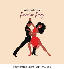 vector illustration of stylish cartoon woman and man, dancing, text. top view, perfect for backgrounds, dance studios, social media and celebrating world dance day
