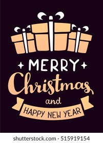 Vector illustration of stylish christmas gift boxes with bow, ribbon, handwritten text merry christmas on dark background. Flat style design for web, site, banner, poster, print, greeting card