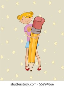 Vector illustration of stylish Colorful Back to school design with cartoon little schoolgirls