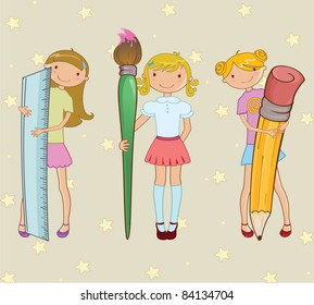 Vector illustration of stylish Colorful Back to school design with cartoon little schoolgirls