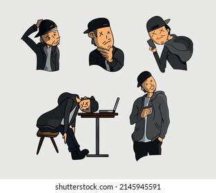 Ilustración vectorial de una elegante colección de hombres creativos ambientada con diversas expresiones, caricatura masculina, café de bebida, hombre cansado