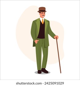 Vector illustration of a stylish dandy man. Cartoon scene of a handsome gentleman with a mustache, a hat, in a fashionable suit, vest, shirt with a tie, holding a cane isolated on a white background.