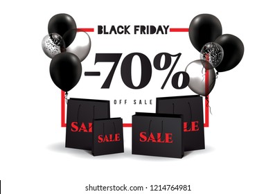 vector illustration. Stylish design graphics in black on a white background. Big sale day, black friday. Vector design elements balloons and shopping bags. modern frame for text.