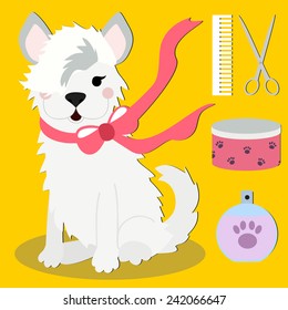Vector illustration. Stylish dog with pink scarf and groomer's stuff