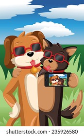 A vector illustration of stylish dogs taking a selfie picture of themselves