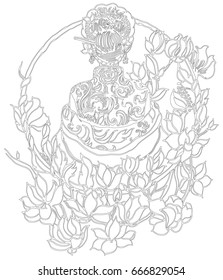 Vector illustration .Stylish doodle in tattoo style, for coloring book or fabric
